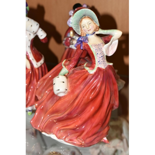 418 - FIVE ROYAL DOULTON FIGURINES, comprising Gay Morning HN2135, Autumn Breezes HN1934, Christmas Morn H... 