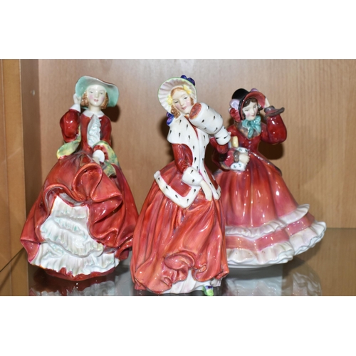 418 - FIVE ROYAL DOULTON FIGURINES, comprising Gay Morning HN2135, Autumn Breezes HN1934, Christmas Morn H... 