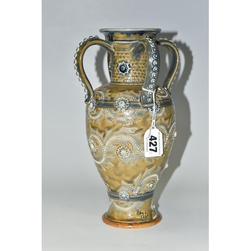 427 - A DOULTON LAMBETH VASE, by George Tinworth, an English ceramic artist who worked for the Doulton fac... 