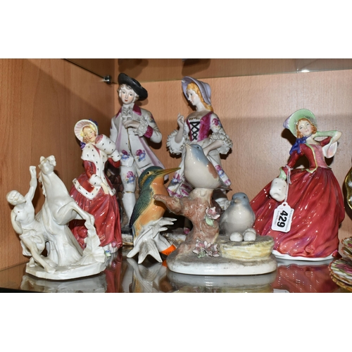 429 - A GROUP OF PORCELAIN FIGURINES, comprising a Karl Ens 'Kingfisher', two Royal Doulton figurines 'Aut... 