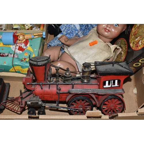 433 - ONE BOX OF VINTAGE TOY CARS AND DOLLS, to include a 'Rici' wooden Pinocchio marionette, a boxed set ... 