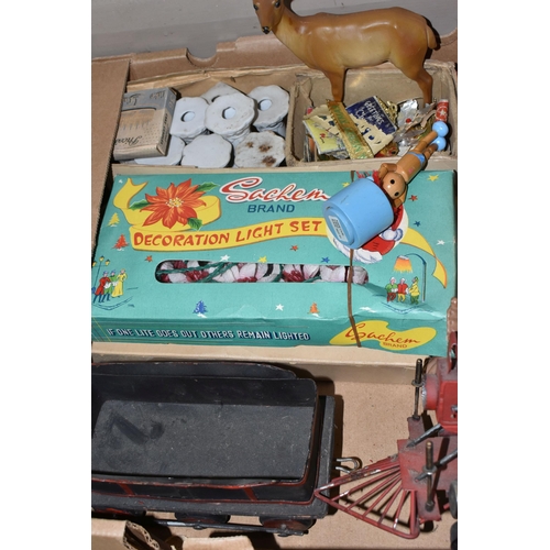 433 - ONE BOX OF VINTAGE TOY CARS AND DOLLS, to include a 'Rici' wooden Pinocchio marionette, a boxed set ... 