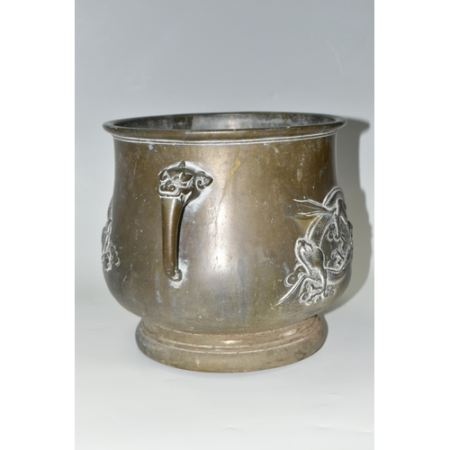 435 - AN ORIENTAL BRONZE PLANTER, decorated with a repoussé Japanese three clawed dragon on two sides and ... 