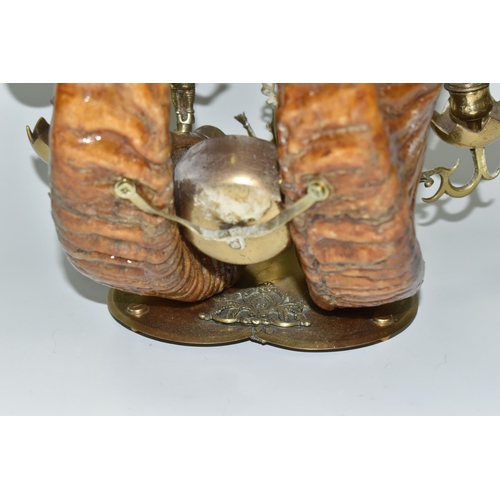 436 - AN ANGLO/INDIAN COLONIAL RAM'S HORN AND BRASS INK STAND,  Ram's horn standish with two inkwells, pen... 