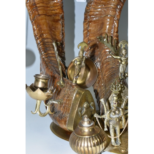 436 - AN ANGLO/INDIAN COLONIAL RAM'S HORN AND BRASS INK STAND,  Ram's horn standish with two inkwells, pen... 