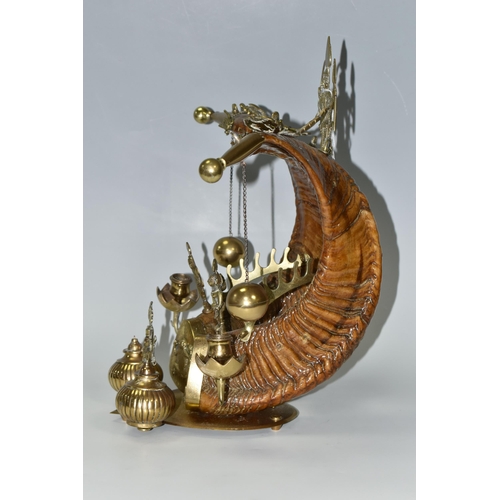 436 - AN ANGLO/INDIAN COLONIAL RAM'S HORN AND BRASS INK STAND,  Ram's horn standish with two inkwells, pen... 