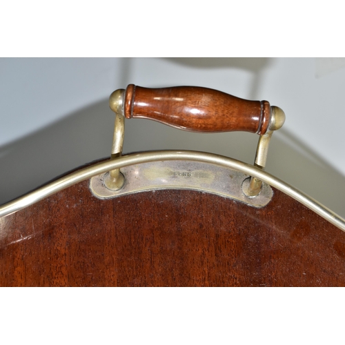 437 - AN EDWARDIAN MAHOGANY GALLERY TRAY, with a central inlaid boxwood fan design cartouche, silverplate ... 