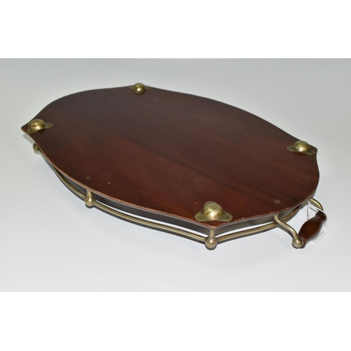 437 - AN EDWARDIAN MAHOGANY GALLERY TRAY, with a central inlaid boxwood fan design cartouche, silverplate ... 