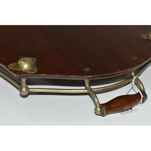 437 - AN EDWARDIAN MAHOGANY GALLERY TRAY, with a central inlaid boxwood fan design cartouche, silverplate ... 