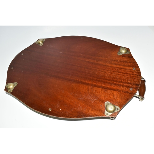 437 - AN EDWARDIAN MAHOGANY GALLERY TRAY, with a central inlaid boxwood fan design cartouche, silverplate ... 