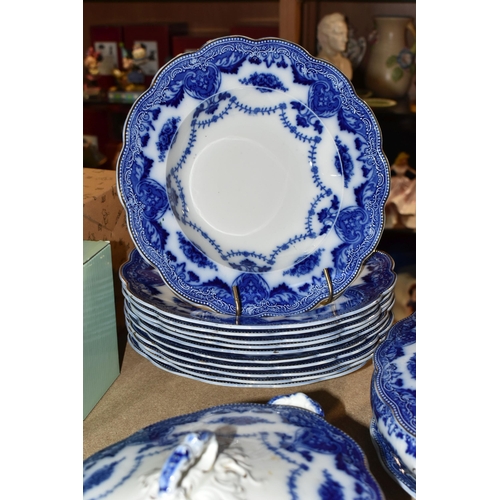 441 - A QUANTITY OF FLOW BLUE WAVERLEY PATTERN BY GRINDLEY DINNERWARE, comprising twelve dinner plates, tw... 