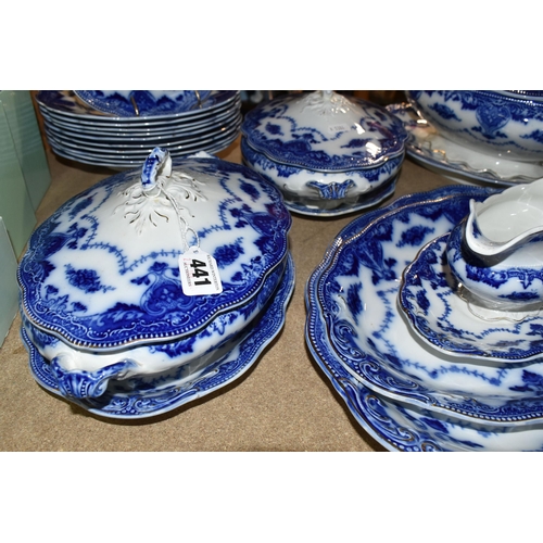 441 - A QUANTITY OF FLOW BLUE WAVERLEY PATTERN BY GRINDLEY DINNERWARE, comprising twelve dinner plates, tw... 