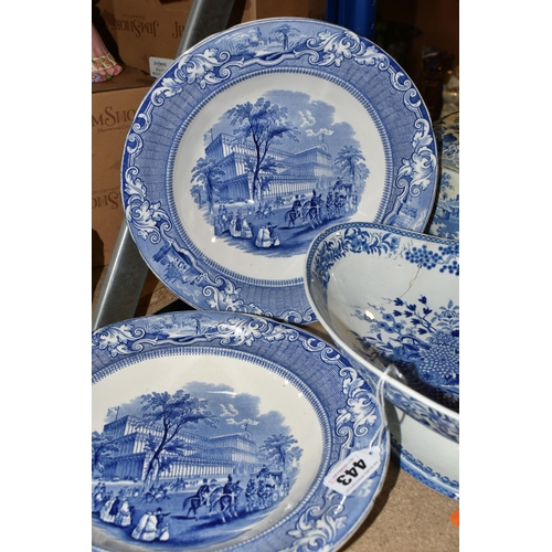 443 - A COLLECTION OF 19TH CENTURY BLUE AND WHITE STONEWARE, comprising a floral transfer printed oval ped... 