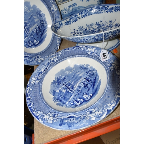 443 - A COLLECTION OF 19TH CENTURY BLUE AND WHITE STONEWARE, comprising a floral transfer printed oval ped... 