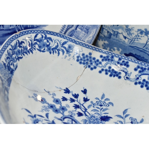 443 - A COLLECTION OF 19TH CENTURY BLUE AND WHITE STONEWARE, comprising a floral transfer printed oval ped... 