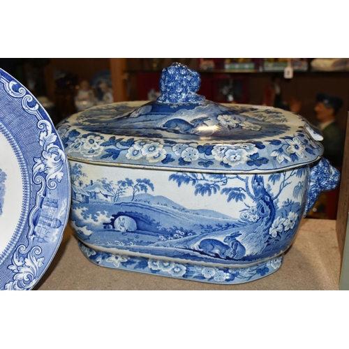 443 - A COLLECTION OF 19TH CENTURY BLUE AND WHITE STONEWARE, comprising a floral transfer printed oval ped... 