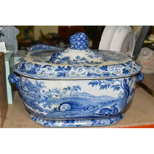 443 - A COLLECTION OF 19TH CENTURY BLUE AND WHITE STONEWARE, comprising a floral transfer printed oval ped... 