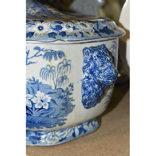 443 - A COLLECTION OF 19TH CENTURY BLUE AND WHITE STONEWARE, comprising a floral transfer printed oval ped... 