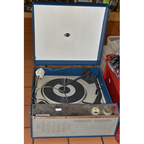 447 - A MARCONIPHONE TURNTABLE AND SUNDRIES, to include a blue cased Marconiphone BSR turntable, a boxed '... 