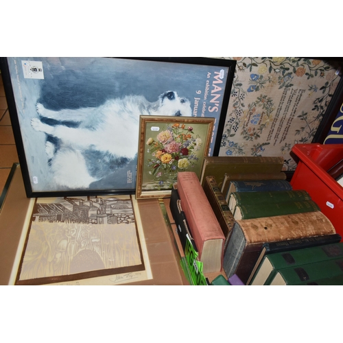 448 - TWO BOXES OF ANTIQUARIAN BOOKS AND FRAMED PICTURES, to include volume II Cyclopaedia of Useful Arts,... 