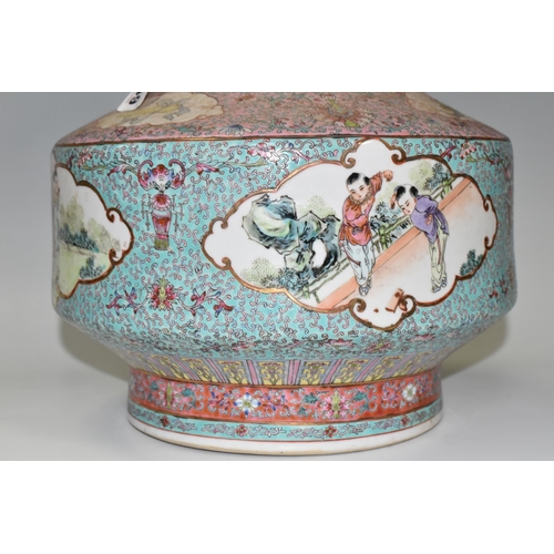 449 - A CHINESE TURQUOISE FAMILLE ROSE PORCELAIN VASE, decorated around the centre by four panels depictin... 