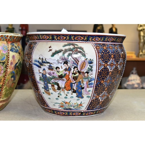 450 - TWO SATSUMA STYLE ORIENTAL PLANTERS, decorated with traditional Japanese family scenes, one planter ... 