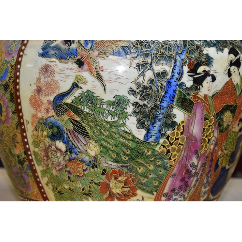 450 - TWO SATSUMA STYLE ORIENTAL PLANTERS, decorated with traditional Japanese family scenes, one planter ... 