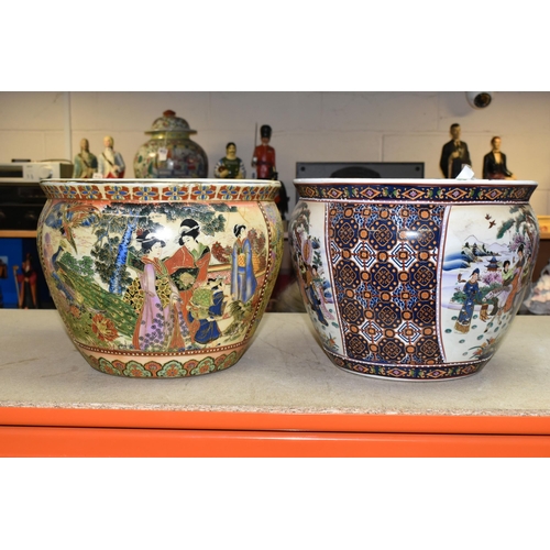 450 - TWO SATSUMA STYLE ORIENTAL PLANTERS, decorated with traditional Japanese family scenes, one planter ... 