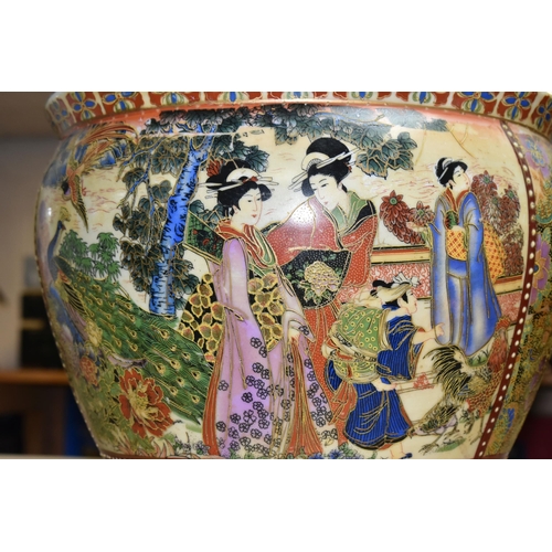 450 - TWO SATSUMA STYLE ORIENTAL PLANTERS, decorated with traditional Japanese family scenes, one planter ... 