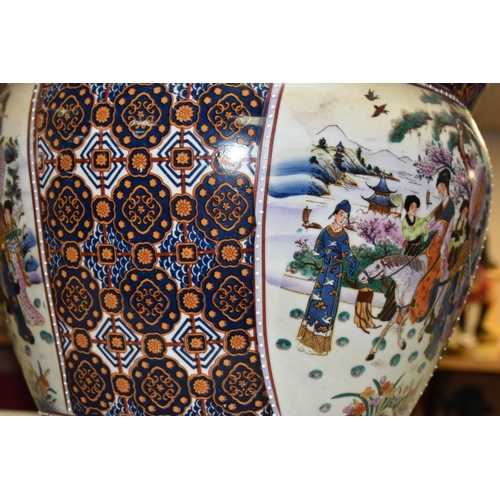 450 - TWO SATSUMA STYLE ORIENTAL PLANTERS, decorated with traditional Japanese family scenes, one planter ... 