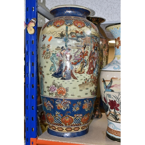 451 - A GROUP OF FIVE ORIENTAL FLOOR VASES, comprising a crackle glazed vase decorated with exotic birds a... 