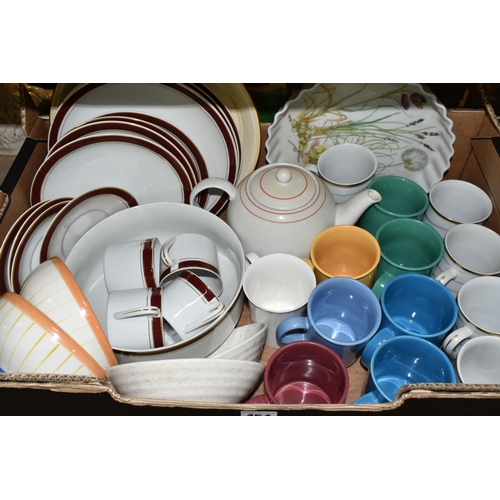 454 - FOUR BOXES OF CERAMICS AND GLASSWARE, to include dinnerware, mugs, Denby Greystone tea ware and dinn... 