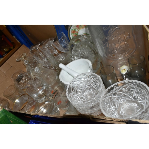 454 - FOUR BOXES OF CERAMICS AND GLASSWARE, to include dinnerware, mugs, Denby Greystone tea ware and dinn... 