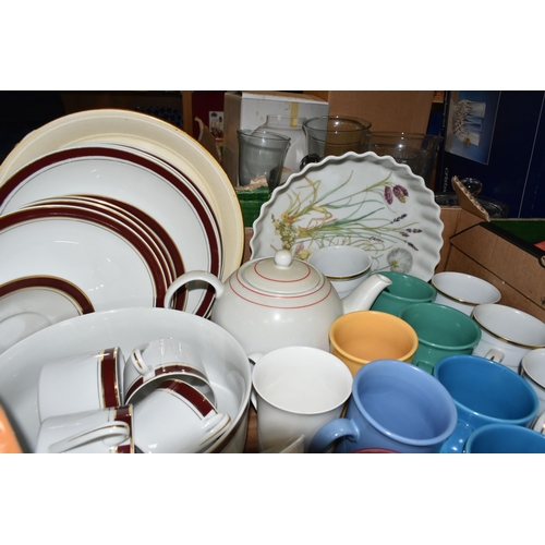 454 - FOUR BOXES OF CERAMICS AND GLASSWARE, to include dinnerware, mugs, Denby Greystone tea ware and dinn... 