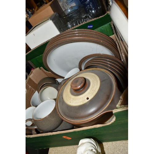 454 - FOUR BOXES OF CERAMICS AND GLASSWARE, to include dinnerware, mugs, Denby Greystone tea ware and dinn... 