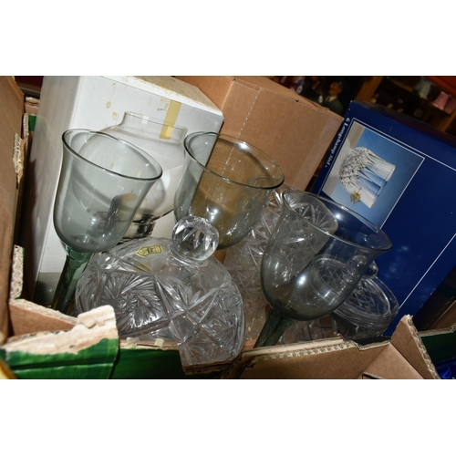 454 - FOUR BOXES OF CERAMICS AND GLASSWARE, to include dinnerware, mugs, Denby Greystone tea ware and dinn... 