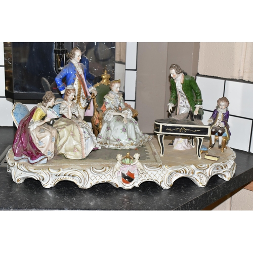 461 - A SITZENDORF PORCELAIN FIGURE GROUP, depicting the six year old Mozart playing piano for a group inc... 