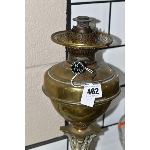 462 - TWO VICTORIAN OIL LAMPS AND THREE SPARE BURNERS, comprising three brass oil lamp burners complete wi... 