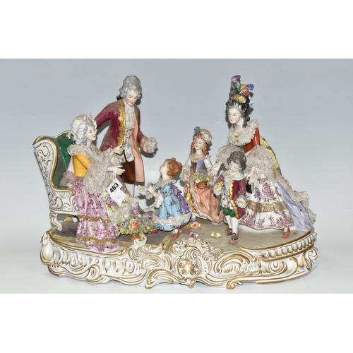 463 - A DRESDEN FIGURE GROUP, an early 20th century German porcelain figure group depicting a joyful famil... 