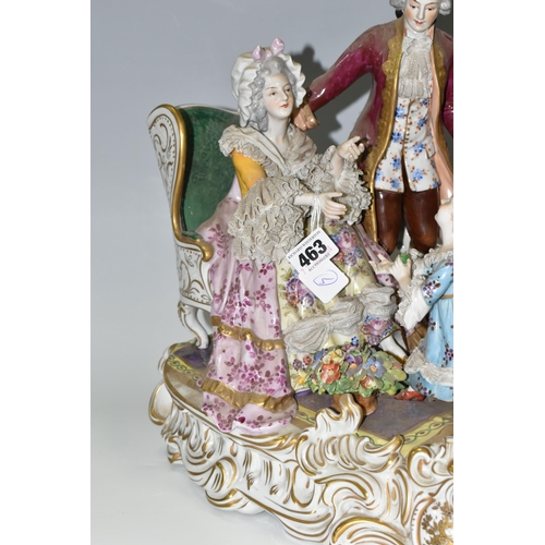 463 - A DRESDEN FIGURE GROUP, an early 20th century German porcelain figure group depicting a joyful famil... 