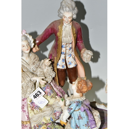 463 - A DRESDEN FIGURE GROUP, an early 20th century German porcelain figure group depicting a joyful famil... 