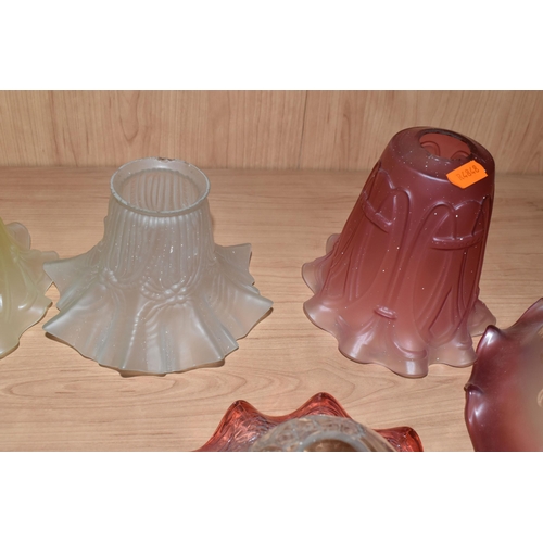 472 - A GROUP OF NINE GLASS ART DECO LAMP SHADES, comprising a pair of acid etched clear to cranberry shad... 