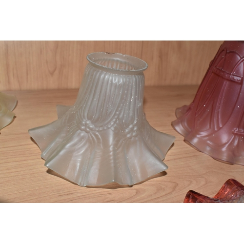 472 - A GROUP OF NINE GLASS ART DECO LAMP SHADES, comprising a pair of acid etched clear to cranberry shad... 