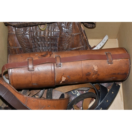 476 - A BOX AND LOOSE LEATHER WARES, GUN CASE, FISHING ROD, HANDBAG ETC, to include a nineteenth century w... 