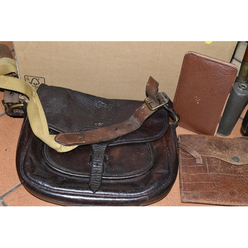 476 - A BOX AND LOOSE LEATHER WARES, GUN CASE, FISHING ROD, HANDBAG ETC, to include a nineteenth century w... 