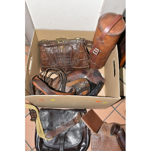 476 - A BOX AND LOOSE LEATHER WARES, GUN CASE, FISHING ROD, HANDBAG ETC, to include a nineteenth century w... 