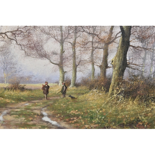 479 - JAMES WRIGHT (1935-) A MODERN ENGLISH SCHOOL LANDSCAPE, two figures and a gundog are standing on a p... 