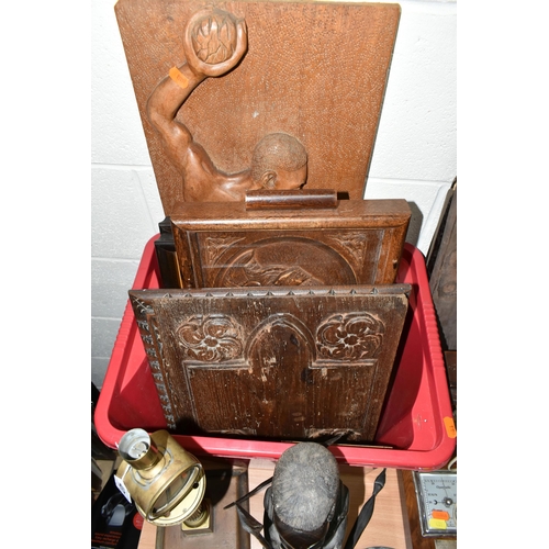 481 - A BOX AND LOOSE TREEN, TELEPHONE AND METAL WARES, to include various wooden carved panels, a brass c... 