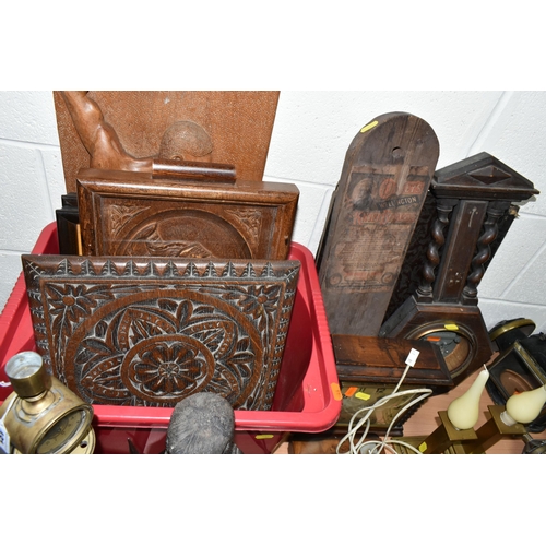 481 - A BOX AND LOOSE TREEN, TELEPHONE AND METAL WARES, to include various wooden carved panels, a brass c... 