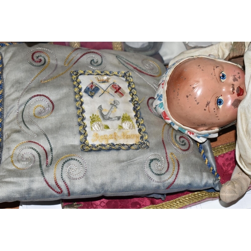 482 - TWO BOXES OF TEXTILES, DOLL AND SUNDRY ITEMS, to include a double ended doll c1930s-1950s, with comp... 